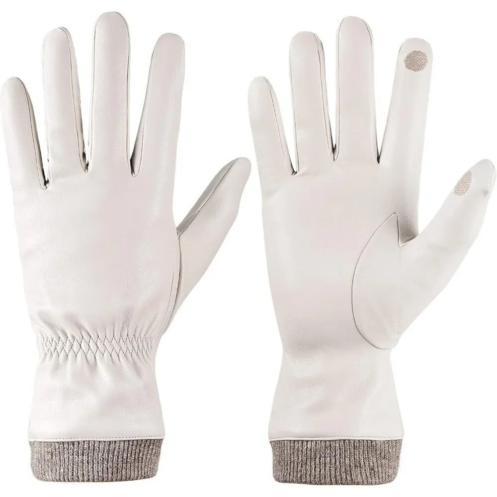 Women's Beige Wool Fleece Lined Warm Touchscreen Thick Thermal Snow Gloves